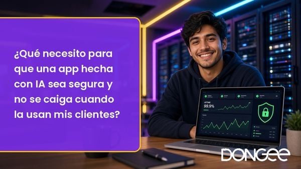 Desarrollador con portátil que muestra uptime 99,9 % y escudo de seguridad, en sala de servidores