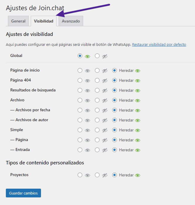 Ajustes visibilidad plugin