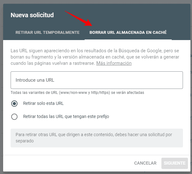 Borrar url almacenada en cache