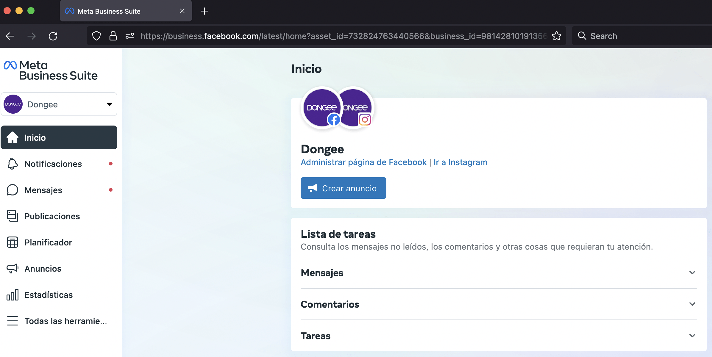 Vista de la pagina administrador