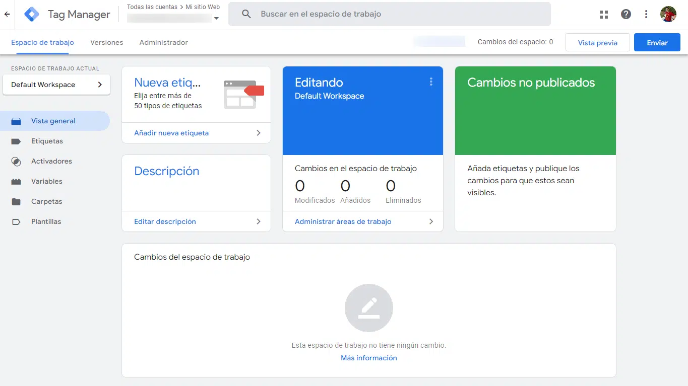 Panel de admin de tag manager Google tag manager