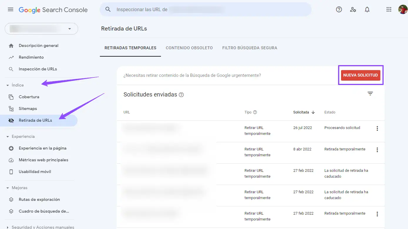 eliminar url google search console