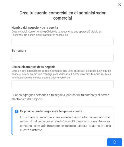 Ingresa datos de registro business facebook manager